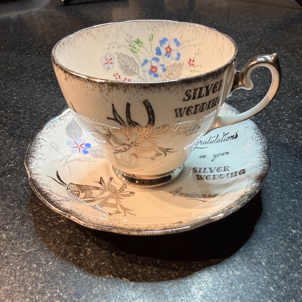 Silver Wedding Commemorative Mug and Saucer Set